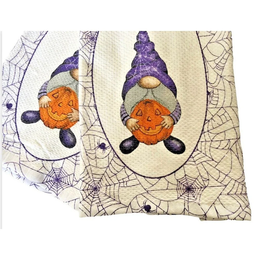 Halloween Kitchen Dish Towels Gnome Pumpkin Spider Web 100% Cotton Set of 2